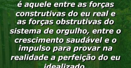“O conflito interno central é aquele entre as forças construtivas do eu real e as forças obstrutivas do sistema de orgulho, entre o crescimento saudável e o impulso para provar na realidade a perfeição do eu idealizado.