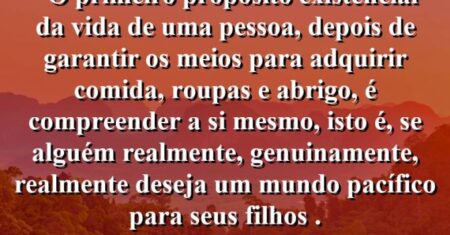 “O primeiro propósito existencial da vida de uma pessoa, depois de garantir os meios para adquirir comida, roupas e abrigo, é compreender a si mesmo, isto é, se alguém realmente, genuinamente, realmente deseja um mundo pacífico para seus filhos .