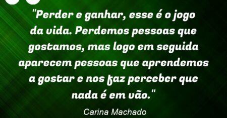 “Perder e ganhar, esse é o jogo da vida. Perdemos pessoas que gostamos, mas logo em seguida aparecem pessoas que aprendemos a gostar e nos faz perceber que nada é em vão.”