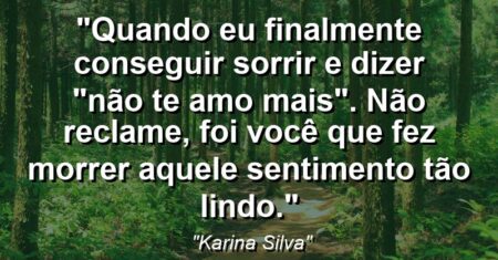 “Quando eu finalmente conseguir sorrir e dizer : “Não te amo mais”. Não reclame, foi você que fez morrer aquele sentimento tão lindo.”
