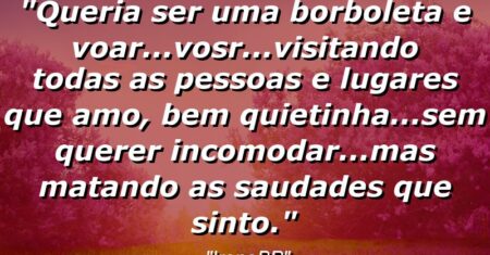 “Queria ser uma borboleta e voar…vosr…visitando todas as pessoas e lugares que amo, bem quietinha…sem querer incomodar…mas matando as saudades que sinto.”