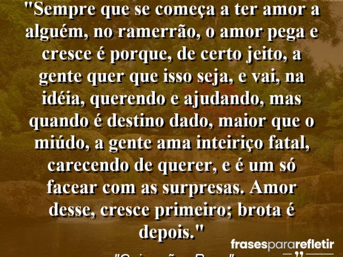 Frases de Amor: mensagens românticas e apaixonantes - “Sempre que se começa a ter amor a alguém, no ramerrão, o amor pega e cresce é porque, de certo jeito, a gente quer que isso seja, e vai, na idéia, querendo e ajudando, mas quando é destino dado, maior que o miúdo, a gente ama inteiriço fatal, carecendo de querer, e é um só facear com as surpresas. Amor desse, cresce primeiro; brota é depois.”