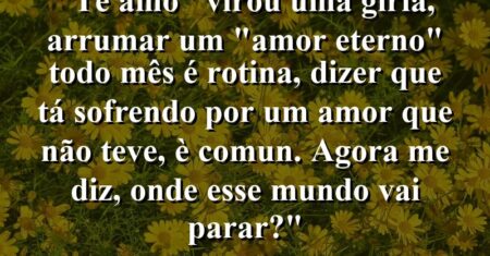 “Te amo” virou uma giria, Arrumar um “amor eterno” todo mês é rotina, Dizer que tá sofrendo por um amor que não teve, è comun. Agora me diz, onde esse mundo vai parar?”