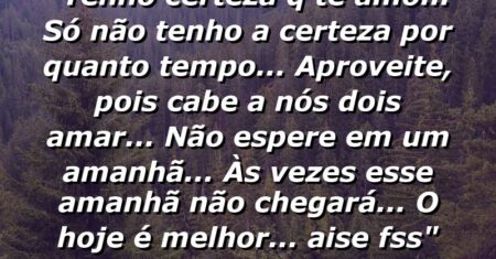 “Tenho certeza q te amo… Só não tenho a certeza por quanto tempo… Aproveite, pois cabe a nós dois amar… Não espere em um amanhã… Às vezes esse amanhã não chegará… O hoje é melhor… (Aise Fss)”