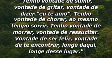 “Tenho vontade de sumir, vontade de gritar, vontade de dizer “eu te amo”. tenho vontade de chorar, ao mesmo tempo sorrir. tenho vontade de morrer, vontade de ressucitar. vontade de ser feliz, vontade de te encontrar, longe daqui, longe desse lugar.”