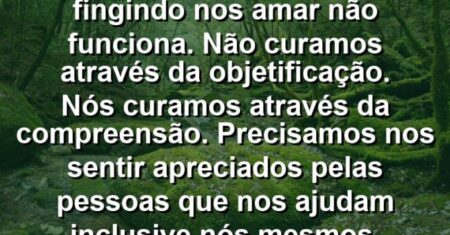 “Tentar nos consertar fingindo nos amar não funciona. Não curamos através da objetificação. Nós curamos através da compreensão. Precisamos nos sentir apreciados pelas pessoas que nos ajudam – inclusive nós mesmos.