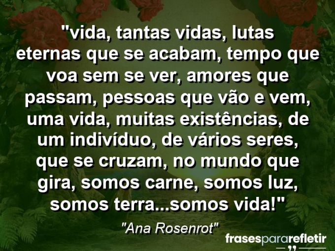 Frases de Amor: mensagens românticas e apaixonantes - ““Vida, tantas vidas, lutas eternas que se acabam, tempo que voa sem se ver, amores que passam, pessoas que vão e vem, uma vida, muitas existências, de um indivíduo, de vários seres, que se cruzam, no mundo que gira, somos carne, somos luz, somos terra…somos vida!””