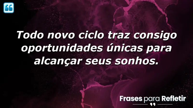 Frases de motivação para um novo ciclo, refletindo sobre oportunidades e sonhos.