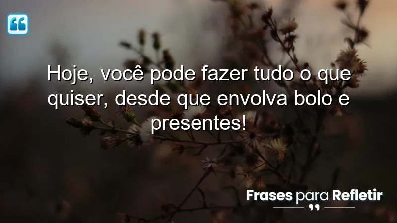 Mensagens de aniversário divertidas com bolo e presentes para celebrar.