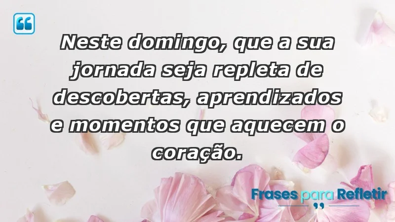 - Neste domingo, que a sua jornada seja repleta de descobertas, aprendizados e momentos que aquecem o coração.