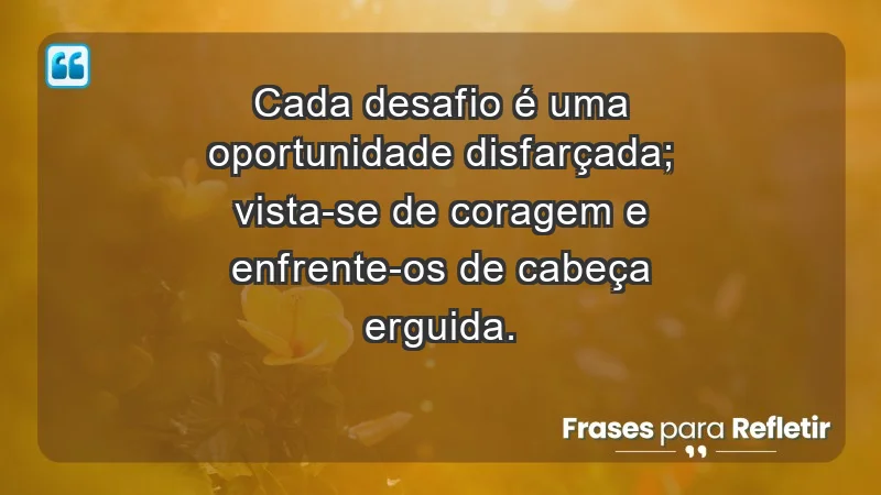 - Cada desafio é uma oportunidade disfarçada; vista-se de coragem e enfrente-os de cabeça erguida.