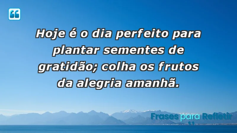 - Hoje é o dia perfeito para plantar sementes de gratidão; colha os frutos da alegria amanhã.