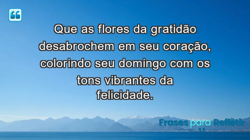 - Que as flores da gratidão desabrochem em seu coração, colorindo seu domingo com os tons vibrantes da felicidade.