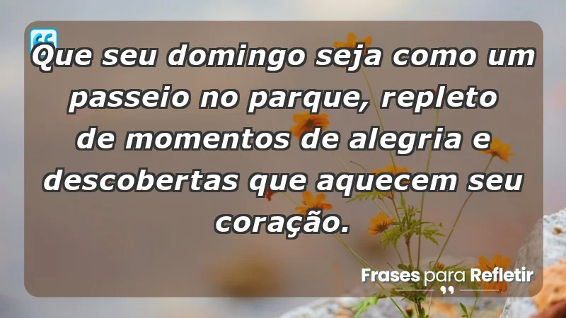 - Que seu domingo seja como um passeio no parque, repleto de momentos de alegria e descobertas que aquecem seu coração.