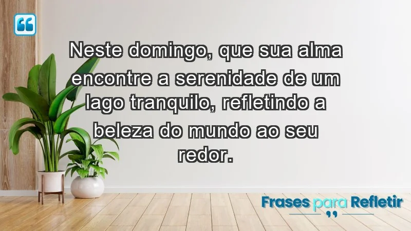 - Neste domingo, que sua alma encontre a serenidade de um lago tranquilo, refletindo a beleza do mundo ao seu redor.