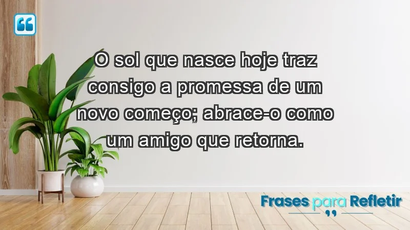 - O sol que nasce hoje traz consigo a promessa de um novo começo; abrace-o como um amigo que retorna.