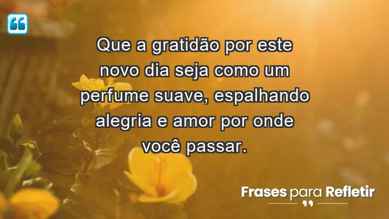 - Que a gratidão por este novo dia seja como um perfume suave, espalhando alegria e amor por onde você passar.