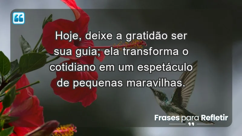 - Hoje, deixe a gratidão ser sua guia; ela transforma o cotidiano em um espetáculo de pequenas maravilhas.