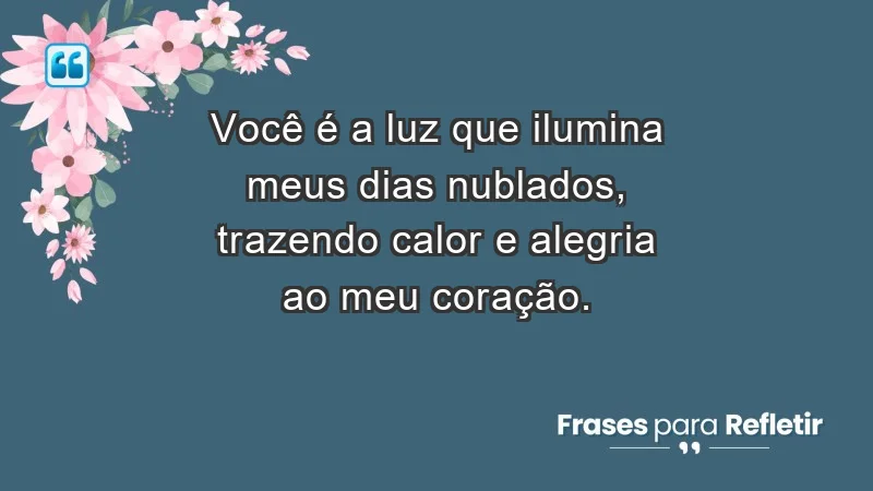 - Você é a luz que ilumina meus dias nublados, trazendo calor e alegria ao meu coração.