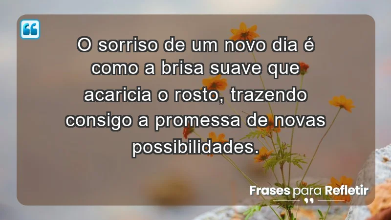 - O sorriso de um novo dia é como a brisa suave que acaricia o rosto, trazendo consigo a promessa de novas possibilidades.