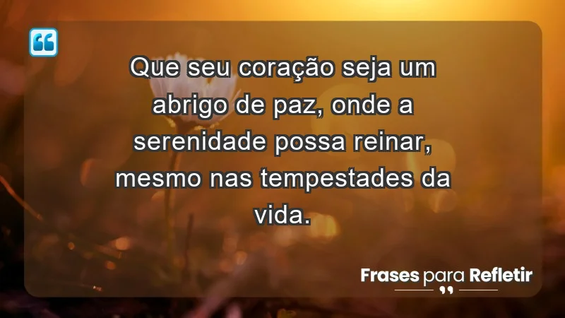 - Que seu coração seja um abrigo de paz, onde a serenidade possa reinar, mesmo nas tempestades da vida.