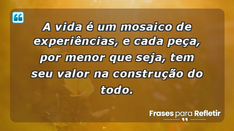 - A vida é um mosaico de experiências, e cada peça, por menor que seja, tem seu valor na construção do todo.