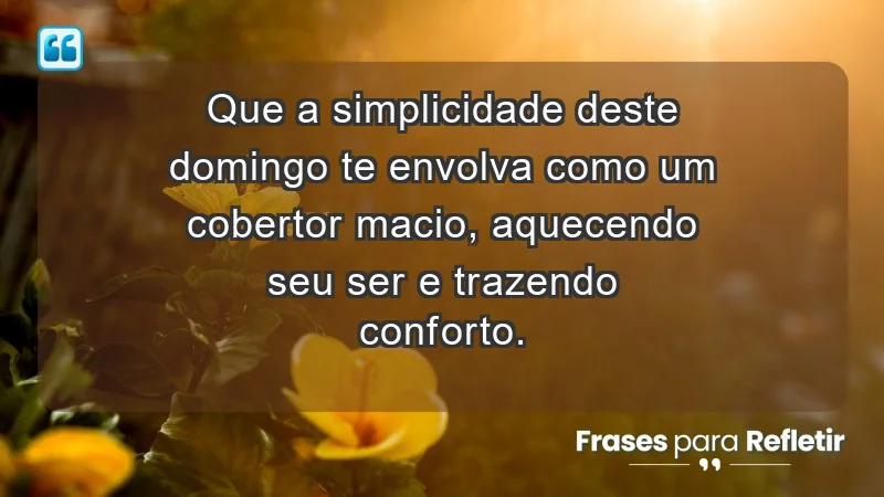 - Que a simplicidade deste domingo te envolva como um cobertor macio, aquecendo seu ser e trazendo conforto.