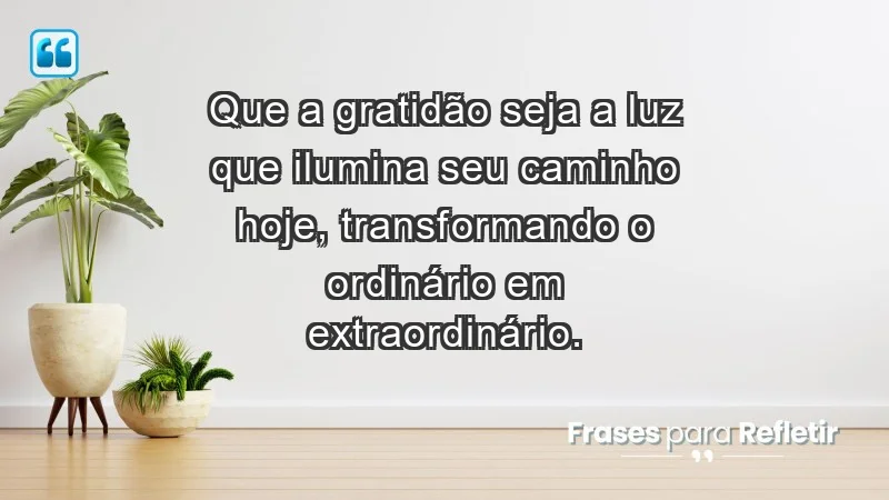 - Que a gratidão seja a luz que ilumina seu caminho hoje, transformando o ordinário em extraordinário.