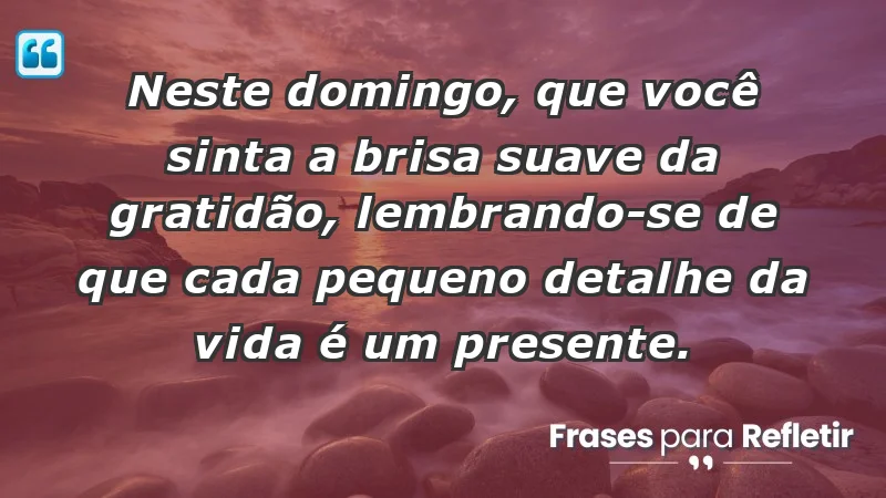 - Neste domingo, que você sinta a brisa suave da gratidão, lembrando-se de que cada pequeno detalhe da vida é um presente.