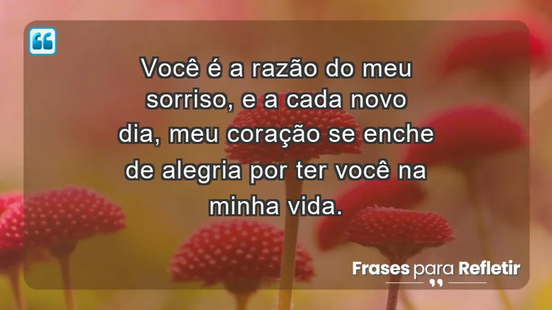 - Você é a razão do meu sorriso, e a cada novo dia, meu coração se enche de alegria por ter você na minha vida.