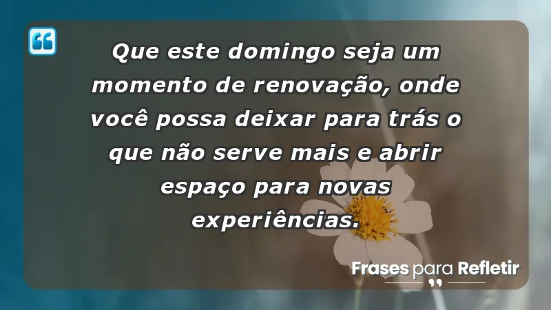 - Que este domingo seja um momento de renovação, onde você possa deixar para trás o que não serve mais e abrir espaço para novas experiências.