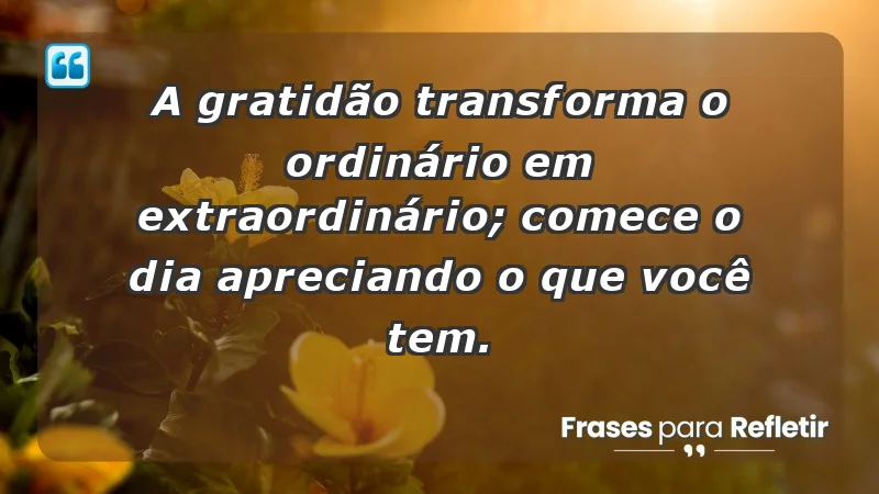 - A gratidão transforma o ordinário em extraordinário; comece o dia apreciando o que você tem.