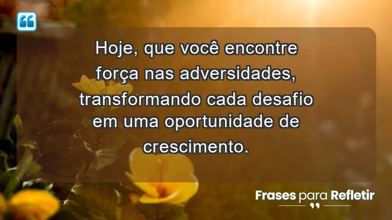 - Hoje, que você encontre força nas adversidades, transformando cada desafio em uma oportunidade de crescimento.