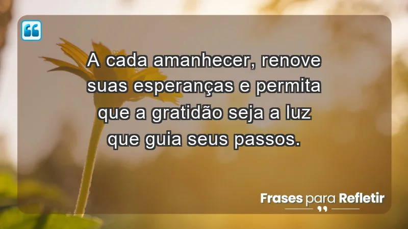 - A cada amanhecer, renove suas esperanças e permita que a gratidão seja a luz que guia seus passos.