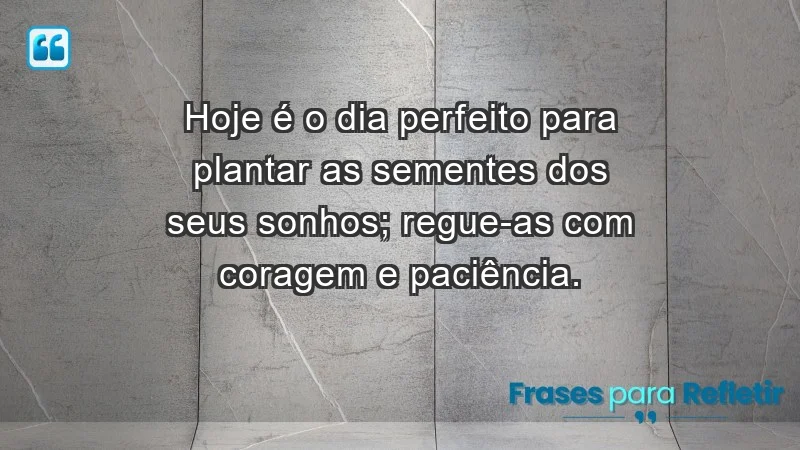 - Hoje é o dia perfeito para plantar as sementes dos seus sonhos; regue-as com coragem e paciência.