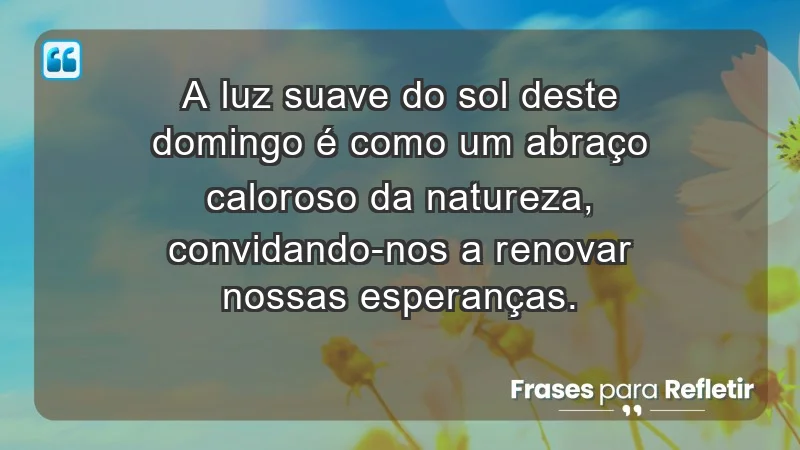 - A luz suave do sol deste domingo é como um abraço caloroso da natureza, convidando-nos a renovar nossas esperanças.