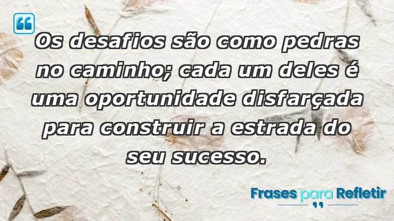 - Os desafios são como pedras no caminho; cada um deles é uma oportunidade disfarçada para construir a estrada do seu sucesso.