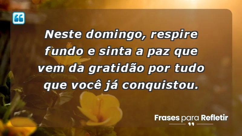 - Neste domingo, respire fundo e sinta a paz que vem da gratidão por tudo que você já conquistou.