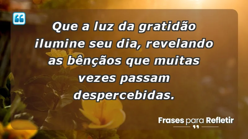 - Que a luz da gratidão ilumine seu dia, revelando as bênçãos que muitas vezes passam despercebidas.