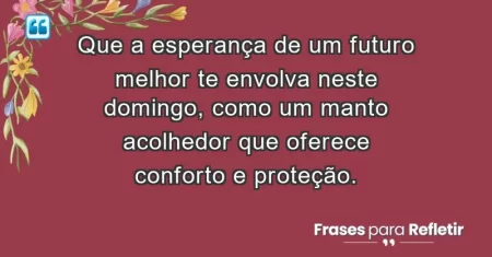 Que a esperança de um futuro melhor te envolva neste domingo, como um manto acolhedor que oferece conforto e proteção.