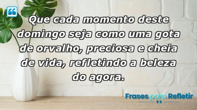 - Que cada momento deste domingo seja como uma gota de orvalho, preciosa e cheia de vida, refletindo a beleza do agora.