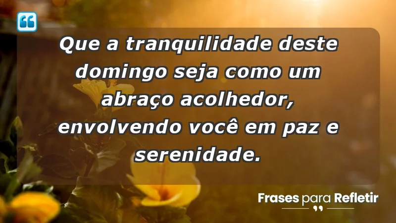 - Que a tranquilidade deste domingo seja como um abraço acolhedor, envolvendo você em paz e serenidade.